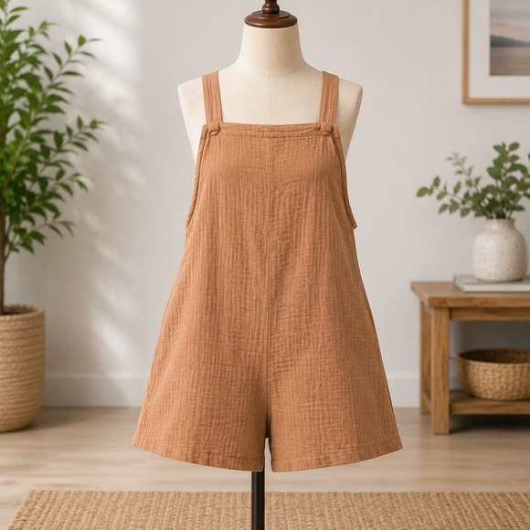Cupshe Pants - NWT CUPSHE Cotton Gauze Romper Womens Size Medium Brown Textured Pocket Jumpsuit